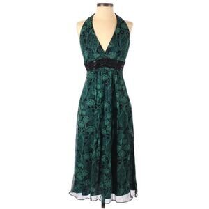 Shelli Segal Green Silk Beaded Cocktail Dress 4 Y2K Paisley Halter Knee Length